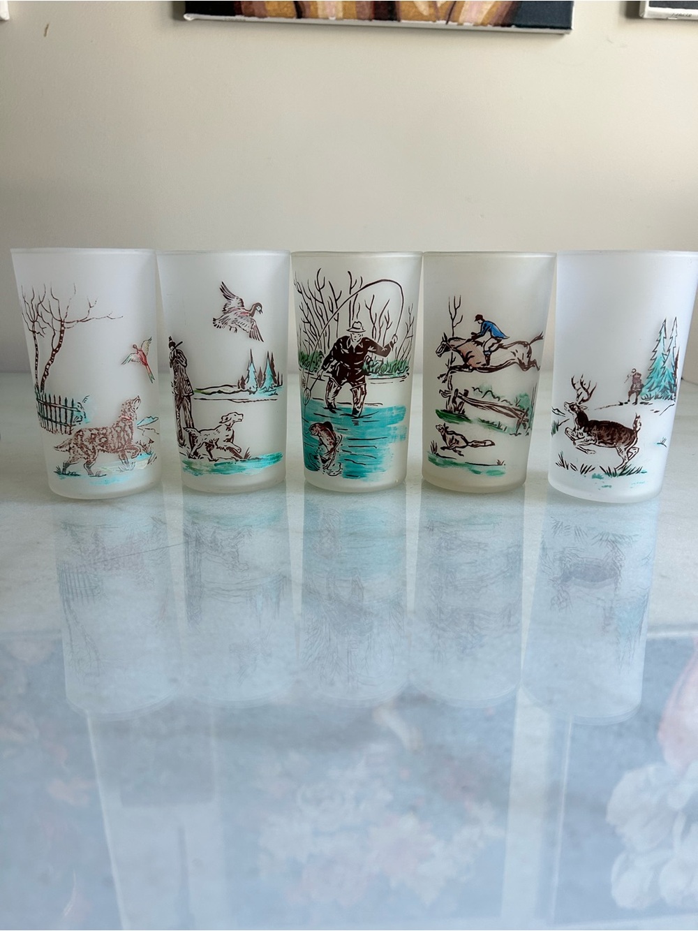Vintage Libbey Frosted Hunting Fishing Glasses Set of 5 MCM Cabin Barware